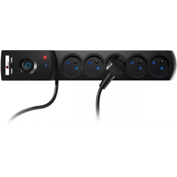 GETFORT stekkerdoos met overspanningsbeveiliging 5P-1.5M-B-USB, 5 stopcontacten, 2 USB, 1,5 m, zwart