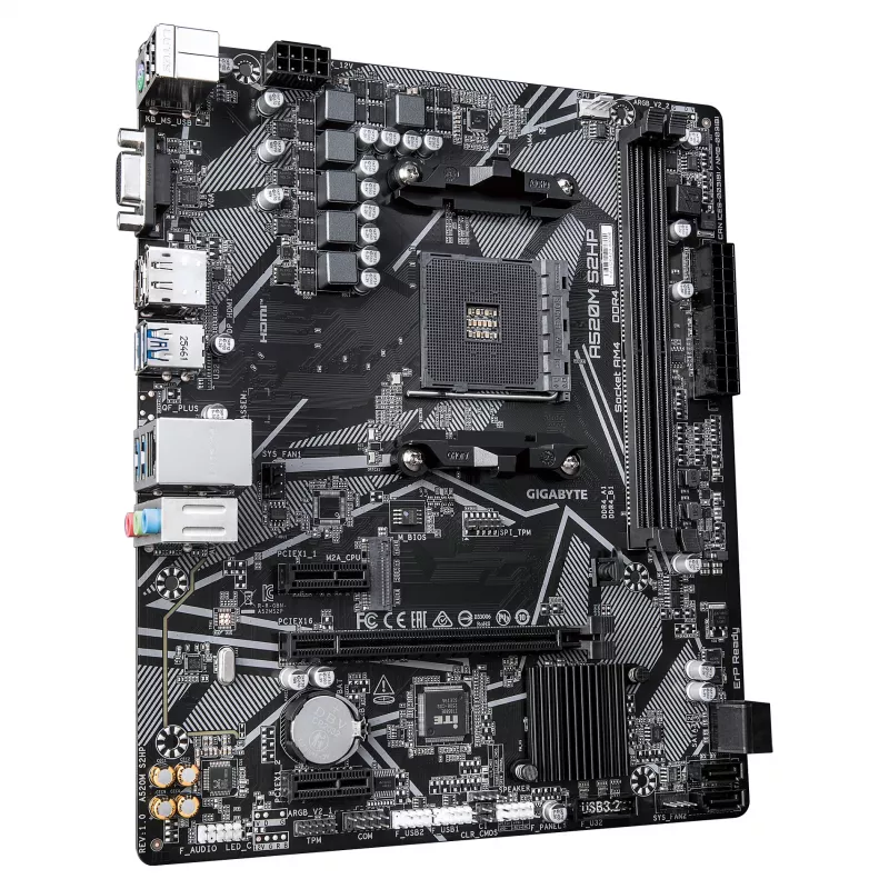 GIGABYTE A520M S2HP AM4 Micro-ATX moederbord, DDR4, HDMI, D-Sub, DisplayPort, M.2, Gigabit LAN