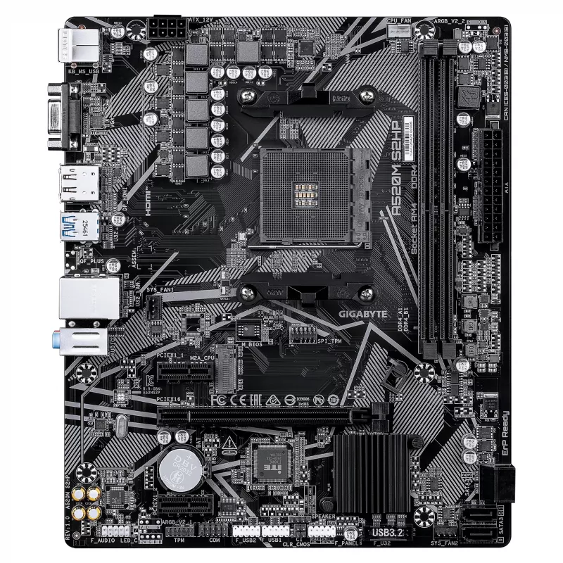 GIGABYTE A520M S2HP AM4 Micro-ATX moederbord, DDR4, HDMI, D-Sub, DisplayPort, M.2, Gigabit LAN