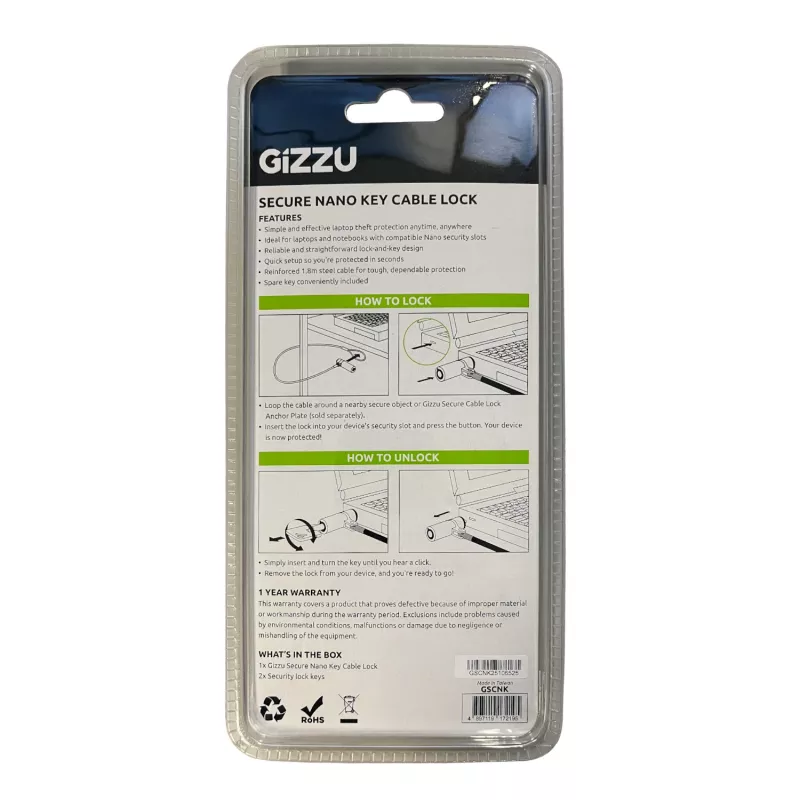 GIZZU 1,8 m Nano Key Lock beveiligingskabel met sleutel - zwart
