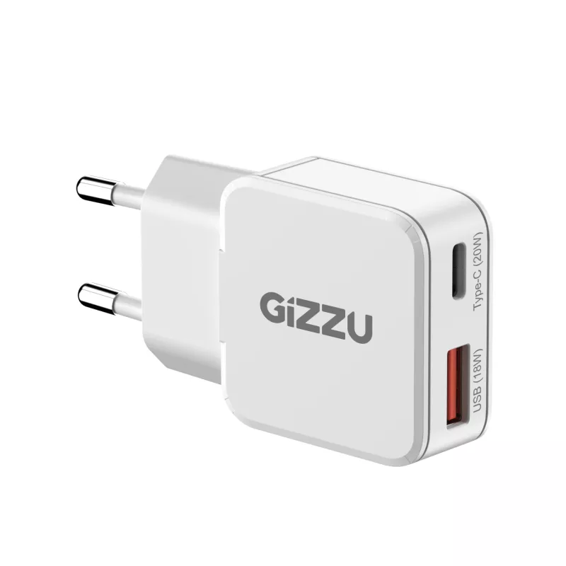 Gizzu 2-poorts 20W GaN wandlader USB-C PD 3.0 + USB-A QC 3.0 snellader - wit