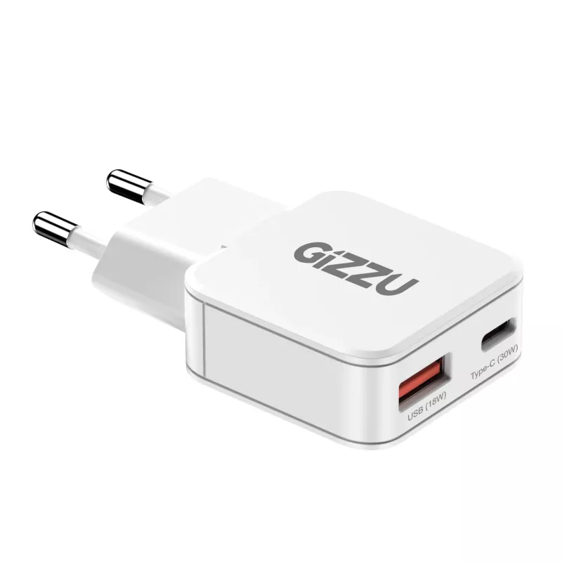 Gizzu 2-poorts 30W GaN wandlader USB-C PD + USB-A QC wit