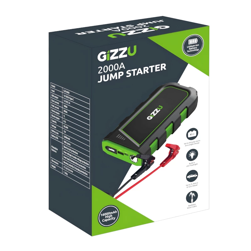 GIZZU 2000A startbooster 16000mAh - zwart