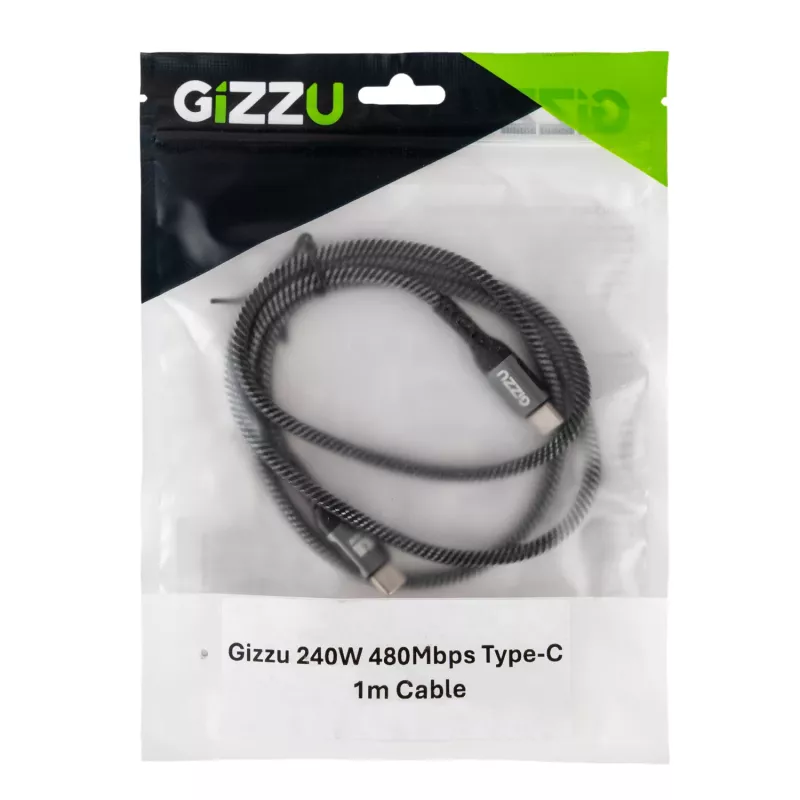 GIZZU 240W 480Mbps USB-C naar USB-C gevlochten kabel 1m zwart