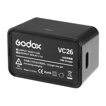 Godox VC26 USB-C oplader voor V1- en V860III flitsaccu's – 5V/2A-ingang, 8,4V/1A-uitgang, LED-indicator, incl. USB-A naar USB-C kabel