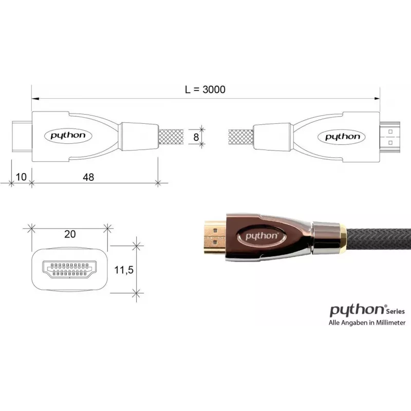 GoodConnections PYTHON Series high-speed HDMI-kabel met Ethernet, 4K UHD 60Hz, 18Gbps, verguld, nylon gevlochten, 3m, zwart (GC-M0018)