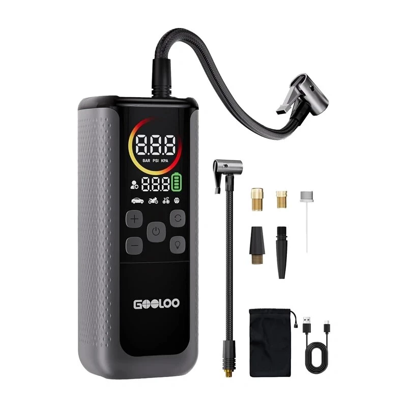 GOOLOO GT160 dubbele luchtcompressor voor auto's, 160 PSI, 37 Wh powerbank, LED-display, automatische uitschakeling, LED-zaklamp
