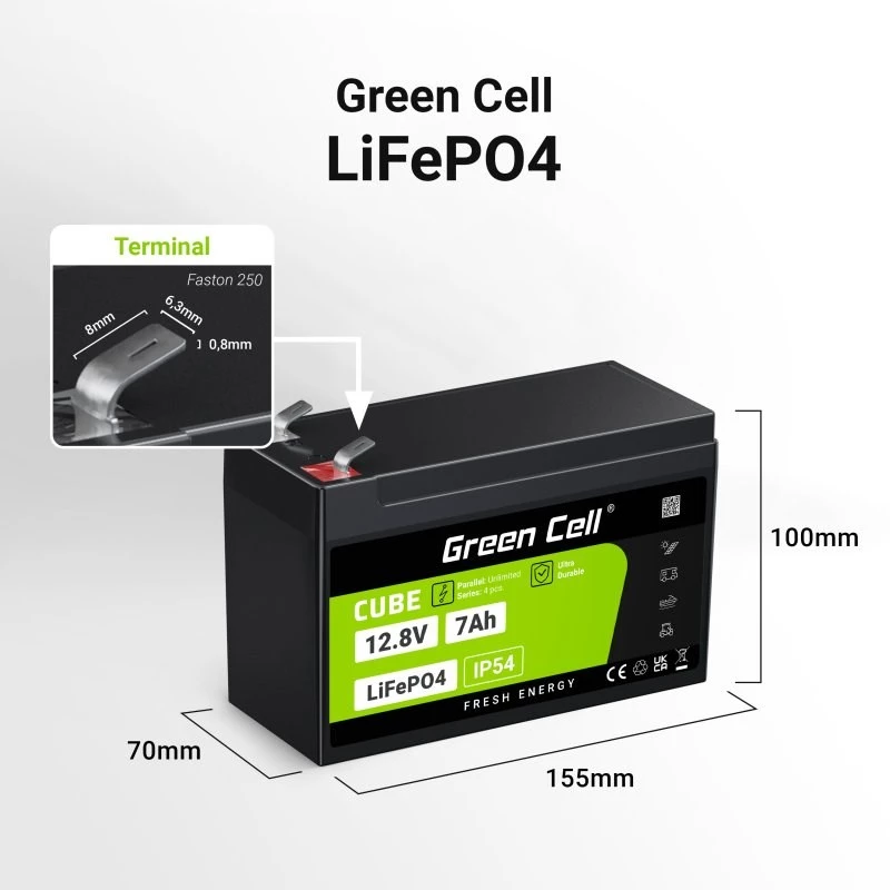 Green Cell LFPGC12V7AH USV-batterij lithium-ijzerfosfaat (LiFePO4) 12,8 V 7 Ah