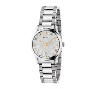 Gucci G-Timeless dameshorloge YA126572A 27mm RVS zilveren wijzerplaat met diamantindexen Zwitsers quartz