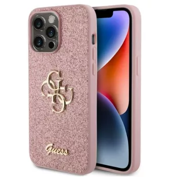 GUESS Apple iPhone 15 Pro Max Fixed Glitter 4G Metal Logo hoesje roze