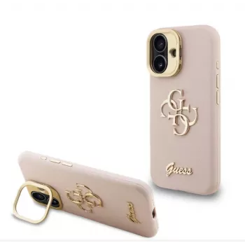 Guess Apple iPhone 16 Pro Max PU-Korrelstructuur 4G Logo Stand Camera-Rand Hoes Roze