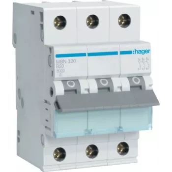 Hager MBN320 3-polige 20 A B-karakteristiek installatieautomaat, 6 kA, 3 modules