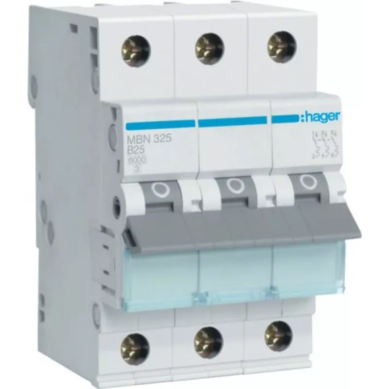 Hager MBN325 3-polige 25 A B-karakteristiek installatieautomaat, 6 kA, 3 modules