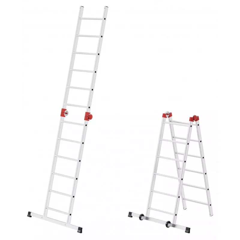 HAILO G60 aluminium steiger, 2x12 sporten, max. werkhoogte 7,0 m, zilver/rood