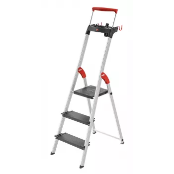 HAILO L100 TopLine aluminium huishoudtrap met 3 treden, multifunctioneel opbergvak en veiligheidsbeugel