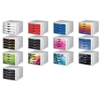 helit Chameleon 4-laden bureau-organizer van slagvast polypropyleen, witte behuizing met transparante laden, A4/C4/folio-formaat, stapelbaar met uittrekbeveiliging en labelvelden H6129569