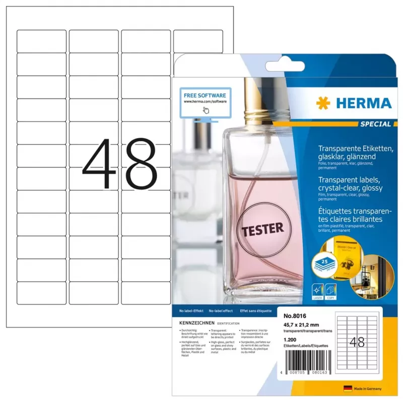 HERMA 8016 kristalheldere glanzende polyesteretiketten A4 45,7 x 21,2 mm 1200 etiketten