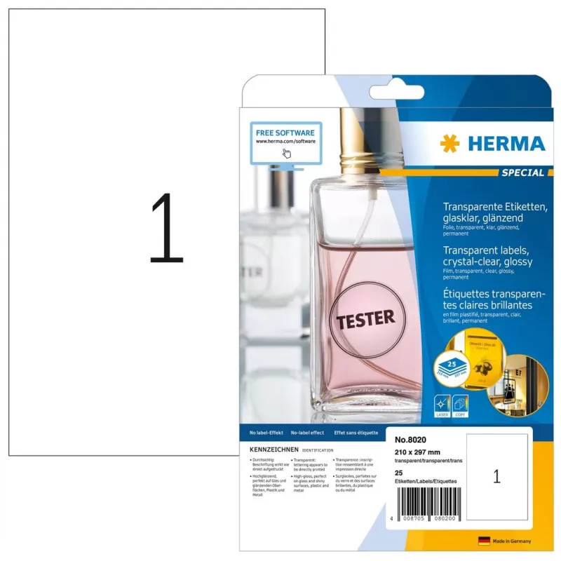 HERMA special hoogglans transparant A4 zelfklevende polyesterfolie-etiketten, 25 blad