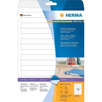 HERMA Special Permanent zelfklevende matte opake archiefetiketten, papier, wit, 192 x 16,9 mm, 400 etiketten (25 vellen x 16) (5118)