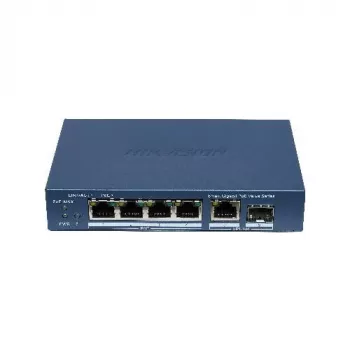 Hikvision DS-3E1506P-EI/M-4P1T1F(O-STD) unmanaged switch met 4-poorts PoE+, 1 Gigabit RJ45 en 1 SFP-uplink