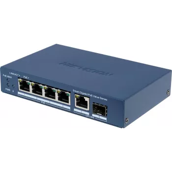 Hikvision DS-3E1506P-EI/M-4P1T1F(O-STD) unmanaged switch met 4-poorts PoE+, 1 Gigabit RJ45 en 1 SFP-uplink