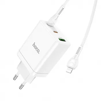 HOCO 35W dual USB-C + USB-A PD & QC3.0 wandlader met USB-C naar Lightning kabel, wit