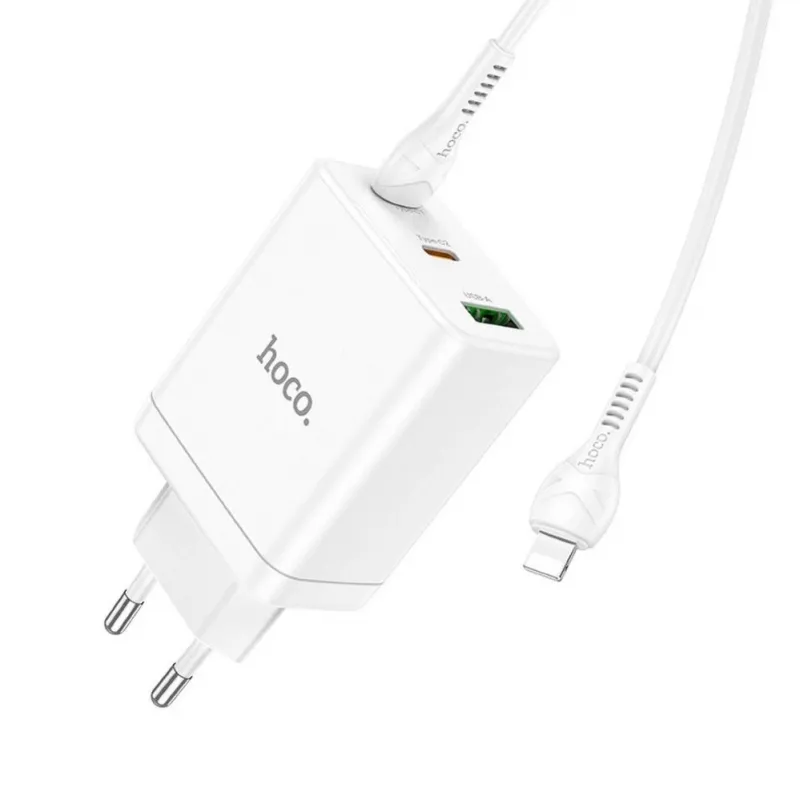HOCO 35W dual USB-C + USB-A PD & QC3.0 wandlader met USB-C naar Lightning kabel, wit