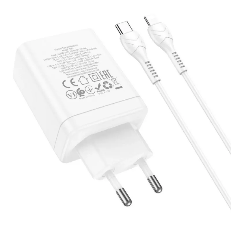 HOCO 35W dual USB-C + USB-A PD & QC3.0 wandlader met USB-C naar Lightning kabel, wit