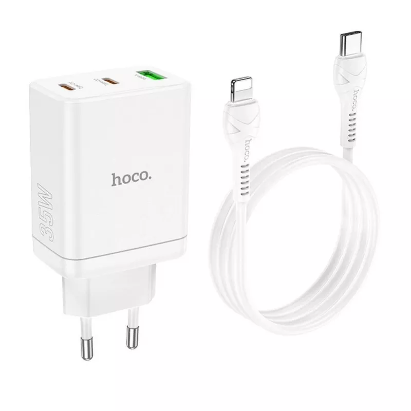 HOCO 35W dual USB-C + USB-A PD & QC3.0 wandlader met USB-C naar Lightning kabel, wit