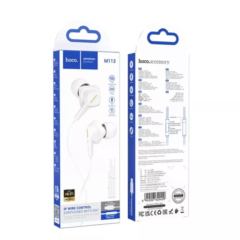 Hoco M113 clear universele digitale oordopjes met microfoon voor Apple Lightning, wit