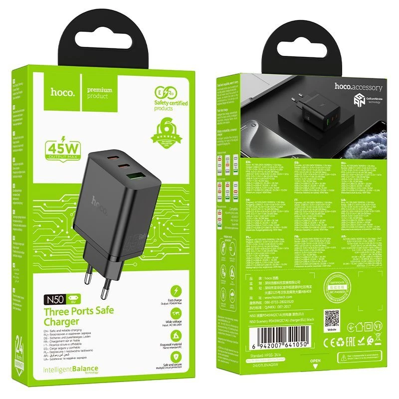 Hoco N50 Scenery PD45W (2C1A) oplader EU-stekker zwart