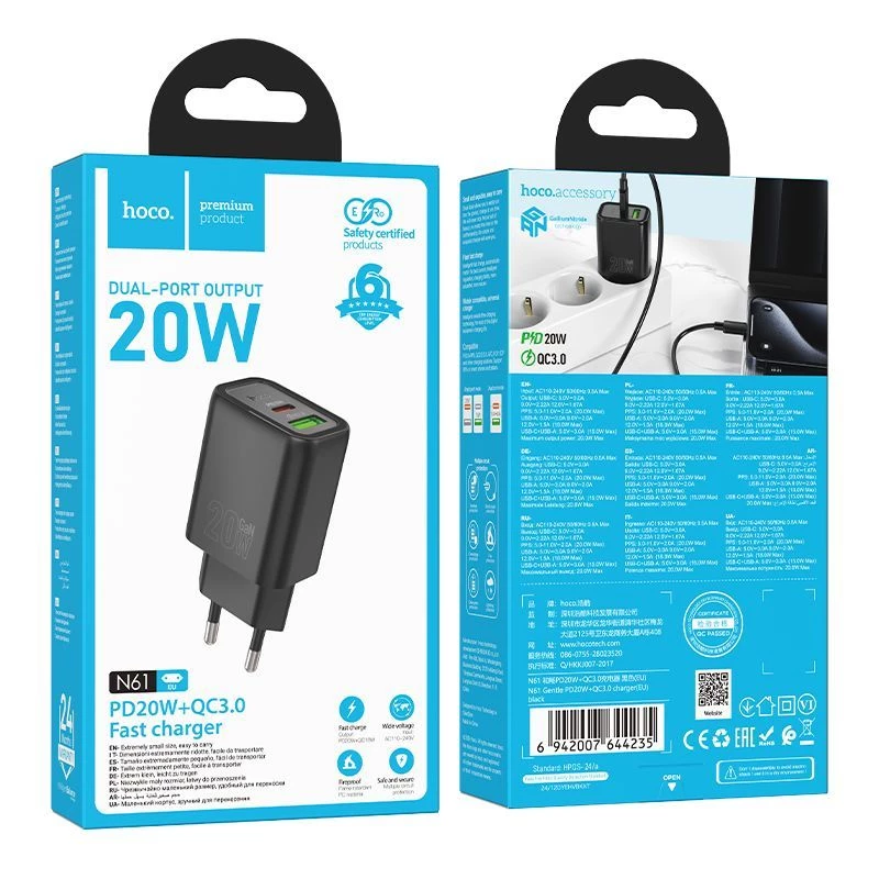 Hoco N61 Gentle PD20W+QC3.0 oplader (EU) zwart