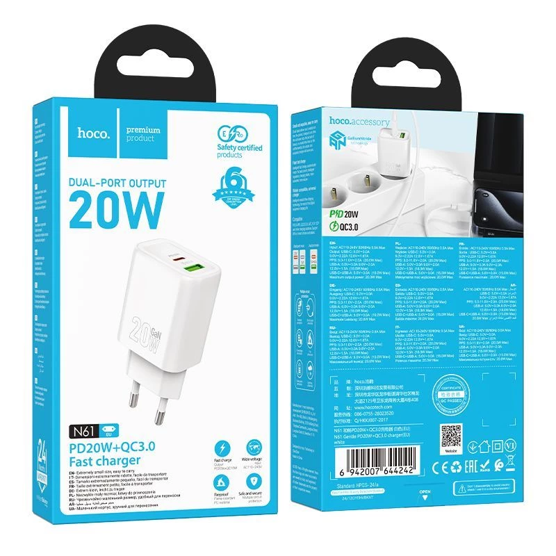 Hoco N61 Gentle PD20W+QC3.0 Oplader (EU) Wit