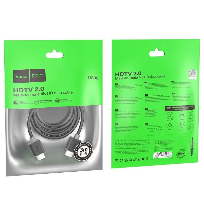 Hoco US08 HDMI 2.0 kabel 3m zwart 4K HDR goud gecoat