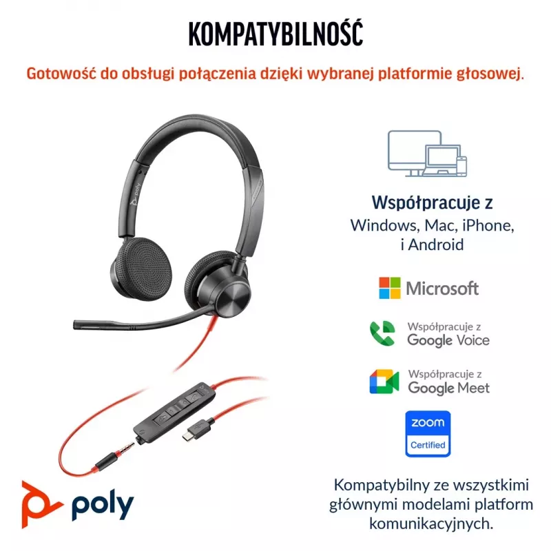 HP Poly Blackwire 3325 stereo Microsoft Teams gecertificeerde USB-C headset +3,5mm jack +USB-C/A adapter