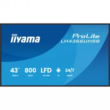 IIYAMA LH4366UHSB-B1AG 43 inch 4K UHD digital signage display, VA-paneel, 500 cd/m², 24/7 gebruik, Android 9.0, Wi-Fi, 2x 10W luidspreker