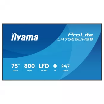 IIYAMA LH7566UHSB-B1AG 75 inch 4K UHD digital signage display met Android 11, 24/7 gebruik