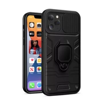 iLike Apple iPhone 14 Pro Max Ring Lens Case zwart - hybride beschermhoes met geïntegreerde ringhouder, cameralensbescherming, schokdemping, compatibel met draadloos laden