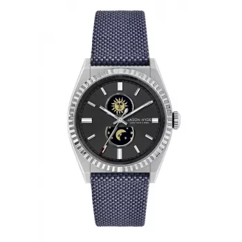 JASON HYDE herenhorloge JH41001 analoog quartz 40 mm RVS kast blauwe wijzerplaat bruine leren band