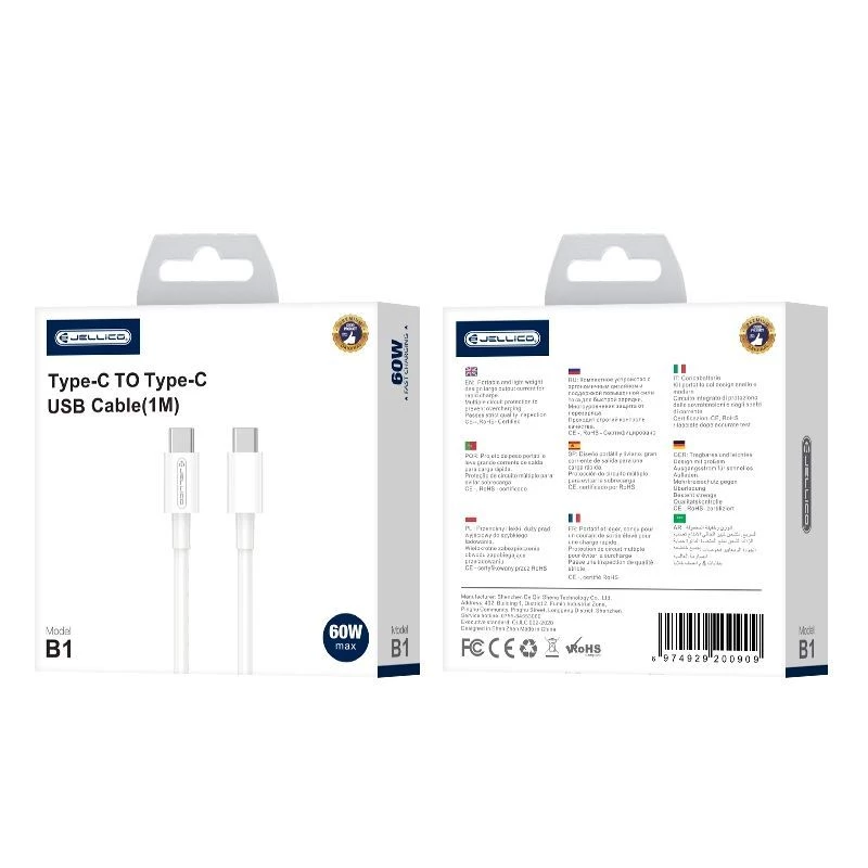 Jellico B1 Durable-Soft universele USB-C naar USB-C data- & fast-PD-20W-oplaadkabel 1m wit