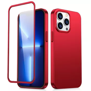 Joyroom 360 Full Case voor- en achterzijde voor iPhone 13 Pro Max + geharde glasbeschermfolie rood (JR-BP928 rood)