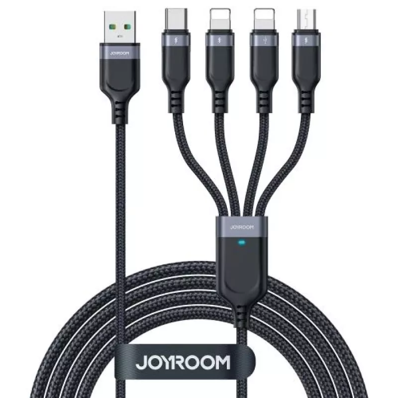 Joyroom 4-in-1 USB-A naar 2x Lightning / USB-C / Micro USB oplaadkabel, 3,5A, 1,2m, zwart (A18-serie)