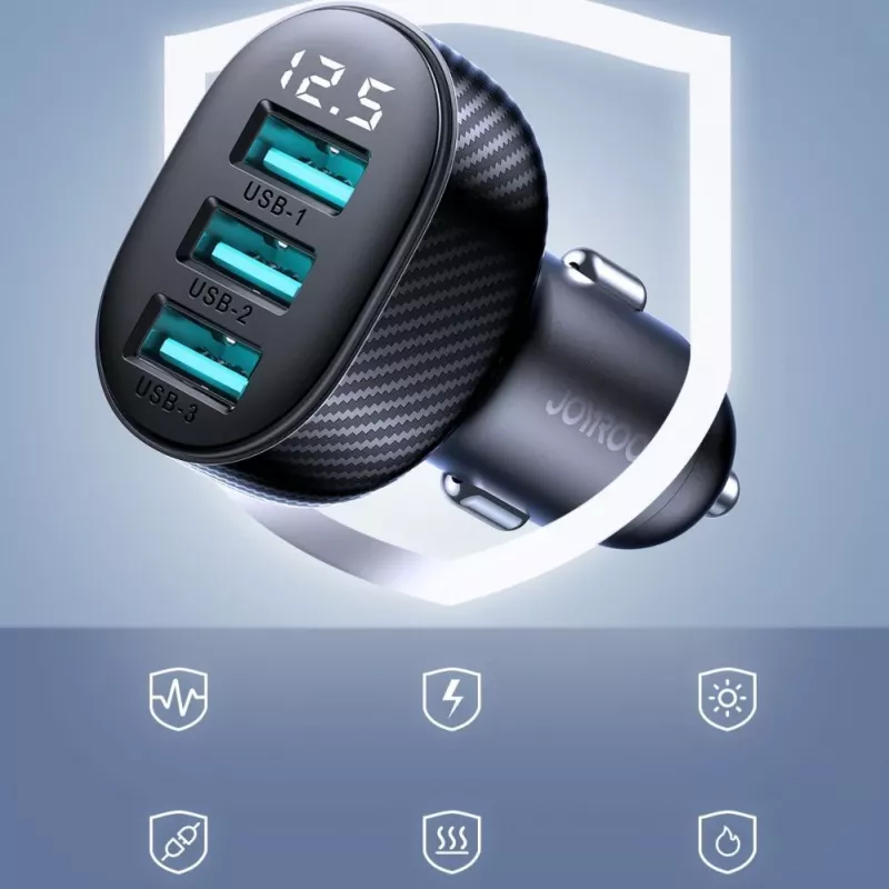 Joyroom JR-CCD03 Autolader met digitaal display, 3x USB-A, 17W, 3,4A, zwart