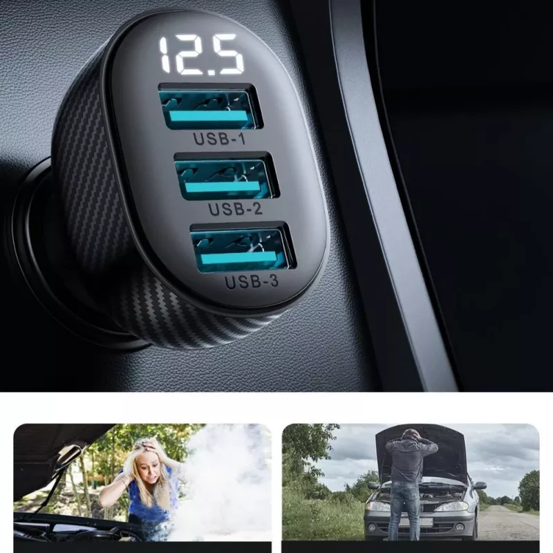 Joyroom JR-CCD03 Autolader met digitaal display, 3x USB-A, 17W, 3,4A, zwart