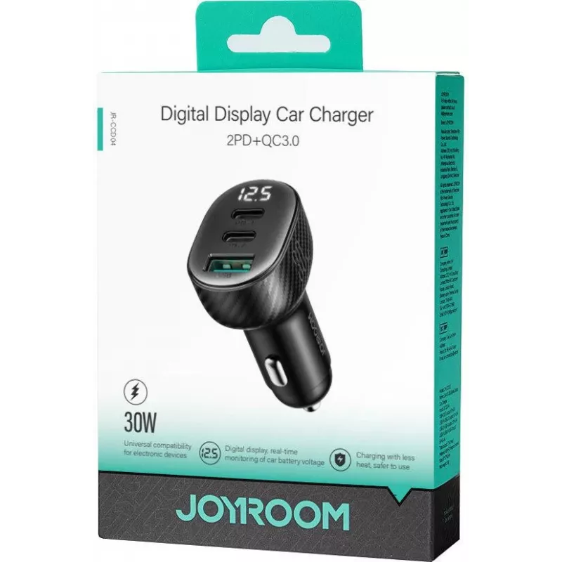 Joyroom JR-CCD04 autolader 30W 2x USB-C USB-A met digitaal display - zwart