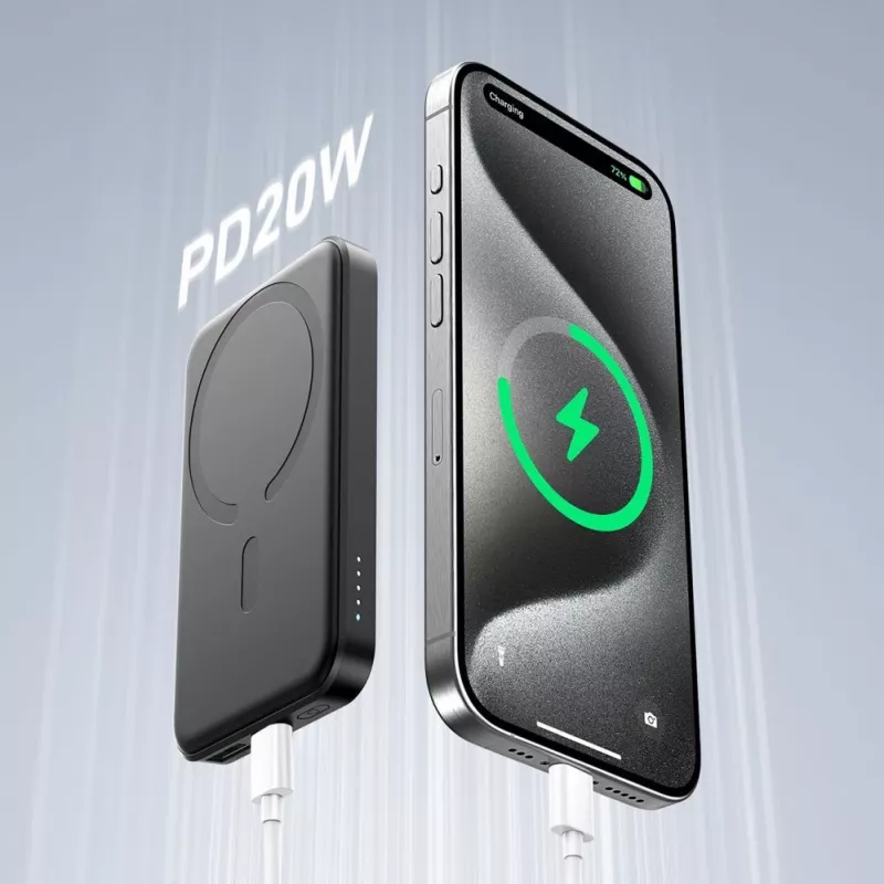 JOYROOM JR-W020 mini powerbank 5000mAh 20W USB-A USB-C draadloos opladen - zwart + USB-C-kabel