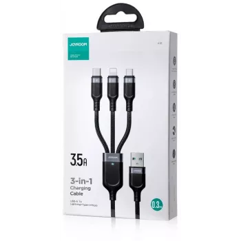 JOYROOM S-1T3018A18 3-in-1 multi-oplaadkabel USB-A naar USB-C/Micro-USB/Lightning, 30cm gevlochten nylon, 3.5A, zwart