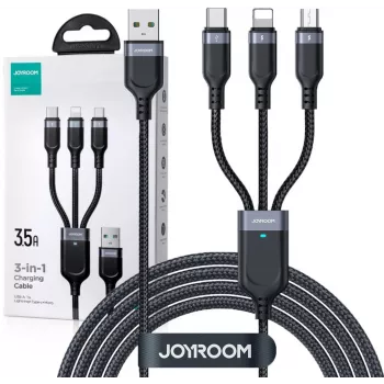 JOYROOM S-1T3018A18 3-in-1 multi-oplaadkabel USB-A naar USB-C/Micro-USB/Lightning, 30cm gevlochten nylon, 3.5A, zwart