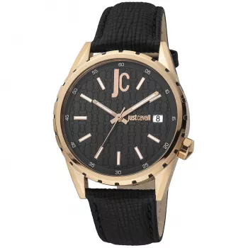 JUST CAVALLI MAN JC1G217L0035 quartz analoog horloge 42mm zwarte wijzerplaat RVS kast zwart leren bandje