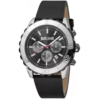 JUST CAVALLI MAN horloge JC1G214L0035 (45mm) - zwarte wijzerplaat, zwart lederen band